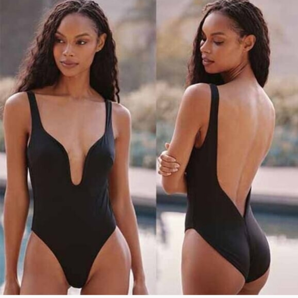 NWT Riot Swim Lana One-Piece Open Deep V Back Pull On Swimsuit Black